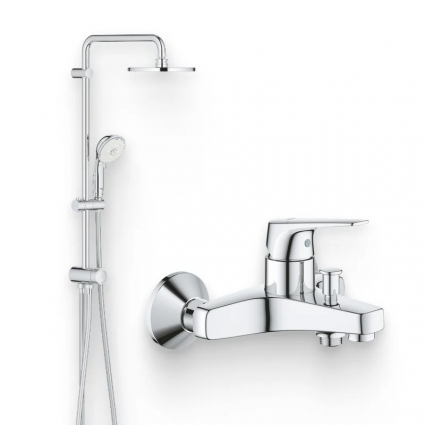 Душевой комплект Смеситель Grohe BauFlow 23601000 хром + Стойка New Tempesta Rustic 27399002 без смесителя, хром в современном стиле