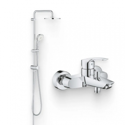Душевой комплект Смеситель Grohe Eurosmart 33300003 глянцевый хром + Стойка New Tempesta Rustic 27399002 без смесителя, хром в современном стиле