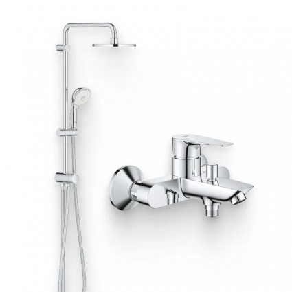 Душевой комплект Смеситель Grohe BauEdge 23604001 глянцевый хром + Стойка New Tempesta Rustic 27399002 без смесителя, хром в современном стиле