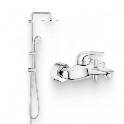 Душевой комплект Смеситель Grohe Eurostyle New 33591003 хром + Стойка New Tempesta Rustic 27399002 без смесителя, хром в современном стиле