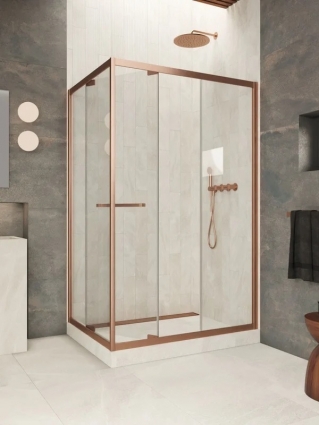 Vegas-Glass Душевой уголок Vegas Glass ZP+ZPV Внутрь 130*90 12 01 профиль брашированная медь, стекло прозрачное, прямоугольный, двери раздвижные