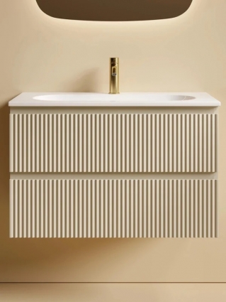 Тумба с раковиной Sancos Сноб Р 390 (Snob R 390) 80 матовая бежевая (beige soft), раковина CN6093, подвесная, с ящиками