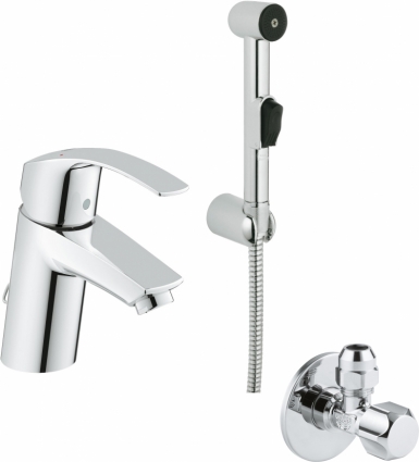 Смеситель Grohe Eurosmart New 23124002 для раковины с гигиеническим душем + Вентиль Grohe 22018000, однорычажный, хром
