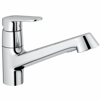 Смеситель для кухонной мойки Grohe Europlus с выдвижной лейкой и низким изливом, однорычажный, хром