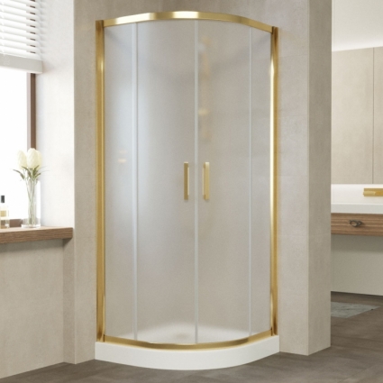 Душевой уголок Vegas Glass ZS 0080 09 10 профиль золото, стекло сатин, четверть круга, двери раздвижные