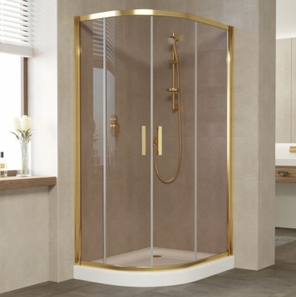 Душевой уголок Vegas Glass ZS-F 100*90 09 05 профиль золото, стекло бронза, прямоугольный-асимметричный, двери раздвижные