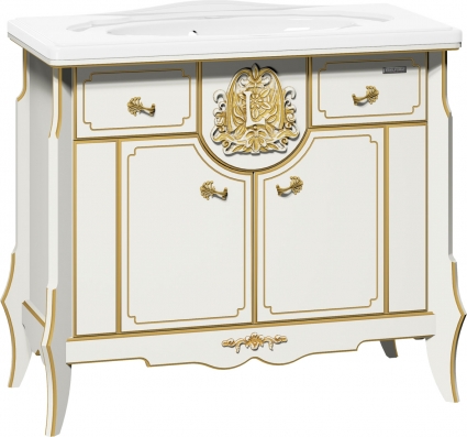 Тумба с раковиной Edelform Luise 100 белая, патина золото, с доводчиками, ручки золото