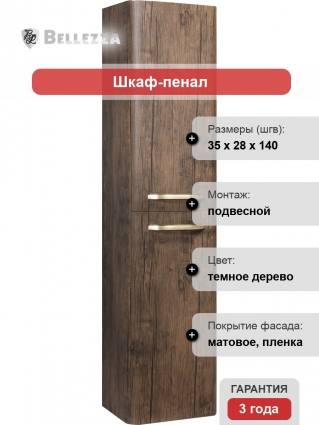 Шкаф-пенал Bellezza Олимпия 35 R орех подвесной, правый, с дверками