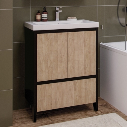 Тумба с раковиной Velvex Klaufs 60.2D.1Y черная, шатанэ, напольная в современном стиле