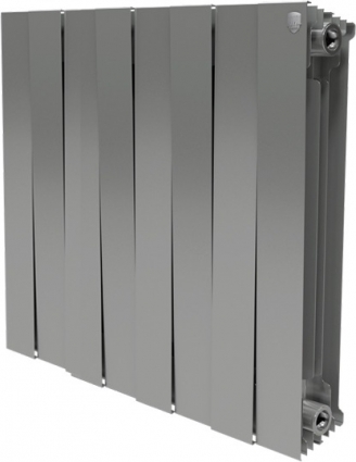 Радиатор биметаллический Royal Thermo Piano Forte 500 silver satin 8 секций, серебро с монтажным набором, на площадь 15 кв.м., хром, 64x10x59.1 см