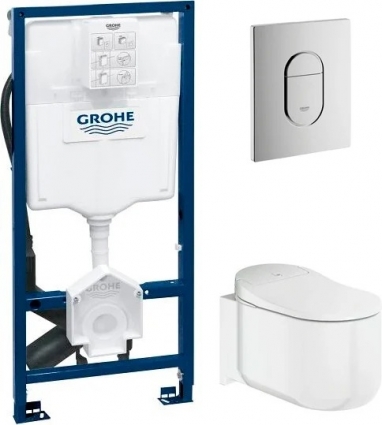 Комплект Система инсталляции для унитазов Grohe Rapid SL Sensia 39112001 с системой удаления запахов + Унитаз подвесной Grohe Sensia Arena 39354SH0 с феном + Кнопка смыва Grohe Arena Cosmopolitan 38844000 хром