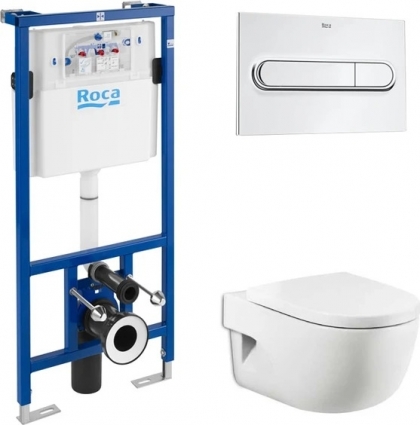 Комплект Система инсталляции для унитазов Roca DUPLO WC 890090020 + Кнопка смыва Roca PL1 Dual хром + Крышка-сиденье Roca Meridian 8012A2004 с микролифтом, петли хром + Унитаз подвесной Roca Meridian 346247000