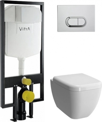Комплект Система инсталляции для унитазов VitrA 748-5800-01 3/6 л + Унитаз подвесной VitrA Shift 7742B003-0075 + Кнопка смыва VitrA 740-0580 хром + Крышка-сиденье VitrA Shift 91-003-009 с микролифтом, петли хром