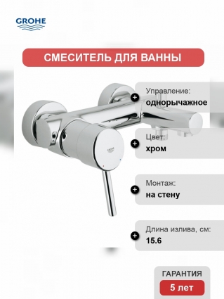 Смеситель для ванны Grohe Concetto однорычажный, хром, длина излива 15.6 см