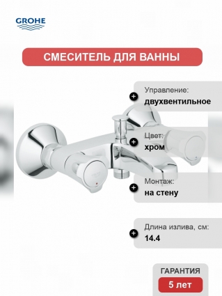 Смеситель для ванны Grohe Costa L двухвентильный, хром, длина излива 14.4 см