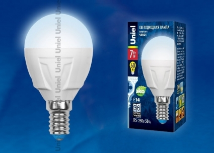 Uniel Лампа светодиодная (UL-00000771) E14 7W 4500K шар матовый LED-G45-7W/NW/E14/FR PLP01WH цвет белый
