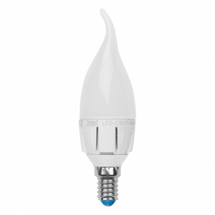 Uniel Лампа светодиодная (08137) E14 6W 3000K свеча на ветру матовая LED-CW37-6W/WW/E14/FR ALM01WH