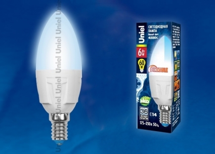 Uniel Лампа светодиодная (UL-00000689) E14 6W 4500K свеча матовая LED-C37-6W/NW/E14/FR/DIM PLP01WH цвет белый, с диммером