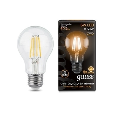 Gauss Лампа светодиодная филаментная A60 E27 6W 2700К шар прозрачный 1/10/50 102802106 цвет прозрачный