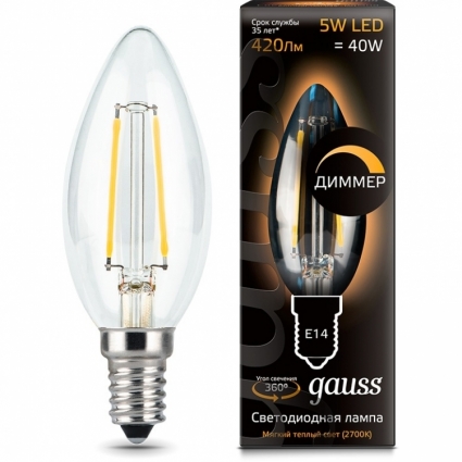 Gauss Лампа светодиодная диммируемая филаментная E14 5W 2700К свеча прозрачная 103801105-D в стиле ретро, цвет прозрачный