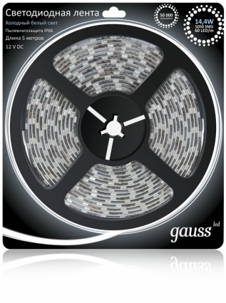 Светодиодная лента Gauss 5M холодный белый 14,4W IP66 311000314, мощность 72 Вт