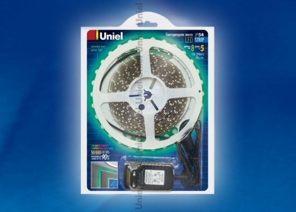 Uniel Светодиодная лента Unie (04695) Готовые решения 5M зеленый 24W ULS-3528-60LED/m-8mm-IP54-DC12V-GREEN в современном стиле, цвет белый