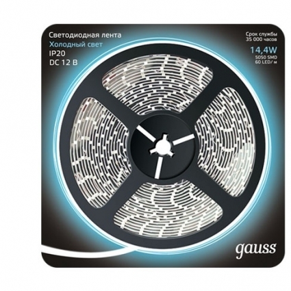 Светодиодная лента Gauss 5M холодный белый 14,4W IP20 312000314, в современном стиле, цвет белый