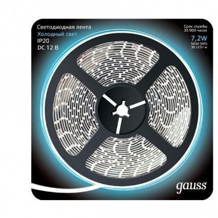 Светодиодная лента Gauss 5M холодный белый 7,2W IP20 312000307, в современном стиле, цвет белый