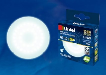 Uniel Лампа светодиодная (UL-00001669) GX53 6W 4000K таблетка матовая LED-GX53-6W/NW/GX53/FR PLZ01WH цвет белый