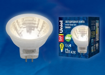 Uniel Лампа светодиодная (UL-00001700) GU4 3W 3000K полусфера прозрачная LED-MR11-3W/WW/GU4 GLZ21TR цвет прозрачный