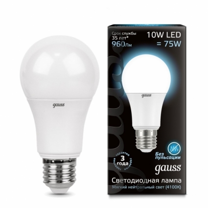 Gauss Лампа светодиодная E27 10W 4100K шар матовый LD102502210 цвет белый, мощность 20 Вт