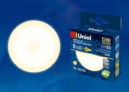 Uniel Лампа светодиодная (UL-00001672) GX53 8W 3000K таблетка матовая LED-GX53-8W/WW/GX53/FR PLZ01WH цвет белый