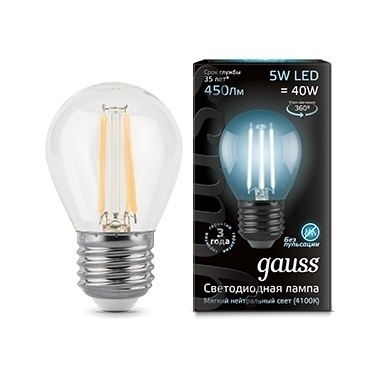 Gauss Лампа светодиодная филаментная Globe E27 5W 4100K шар прозрачный 1/10/50 105802205 цвет прозрачный