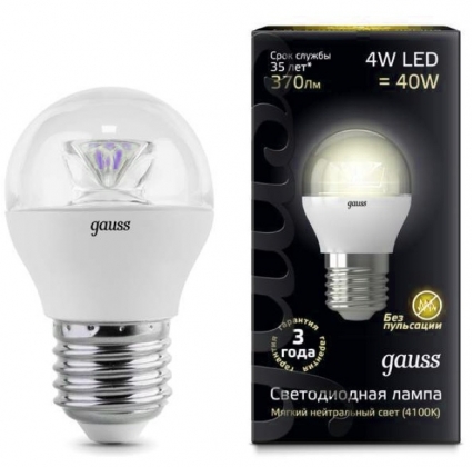 Gauss Лампа светодиодная E27 4W 2700К шар прозрачный 105202104