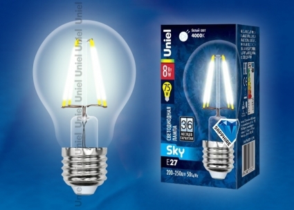 Uniel Лампа светодиодная (UL-00001372) E27 8W 4000K шар прозрачный LED-A60-8W/NW/E27/CL PLS02WH цвет прозрачный