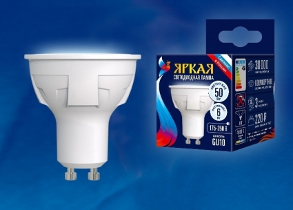 Uniel Лампа светодиодная (UL-00002421) GU10 6W 4000K полусфера матовая LED-JCDR 6W/NW/GU10/FR PLP01WH цвет белый