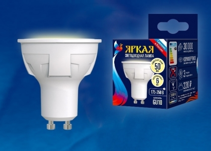 Uniel Лампа светодиодная (UL-00002423) GU10 6W 3000K полусфера матовая LED-JCDR 6W/WW/GU10/FR PLP01WH цвет белый