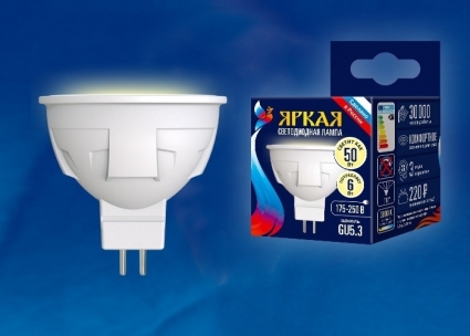 Uniel Лампа светодиодная (UL-00002424) GU5.3 6W 3000K полусфера матовая LED-JCDR 6W/WW/GU5.3/FR PLP01WH цвет белый