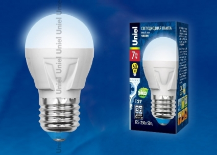 Uniel Лампа светодиодная (UL-00000772) E27 7W 4500K шар матовый LED-G45-7W/NW/E27/FR PLP01WH цвет белый