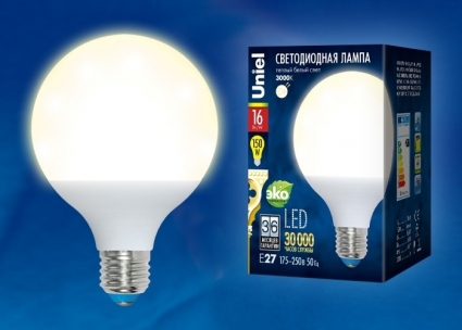 Uniel Лампа светодиодная (UL-00000775) E27 16W 3000K шар матовый LED-G95-16W/WW/E27/FR PLP02WH цвет белый