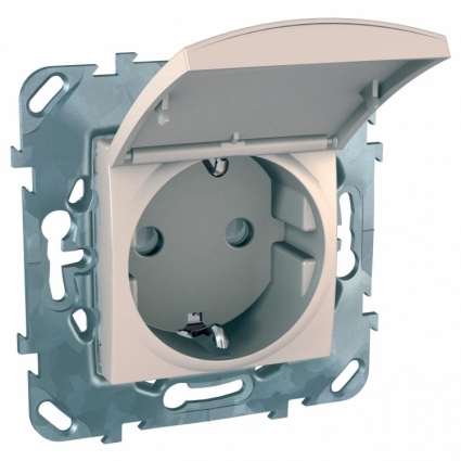 Розетка Schneider Electric Unica с/з со шторкамии крышкой 16A 250V MGU5.037.25TAZD в современном стиле, цвет бежевый