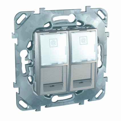 Розетка компьютерная 2хRJ45 Schneider Electric Unica MGU5.2020.30ZD в современном стиле, цвет серебро