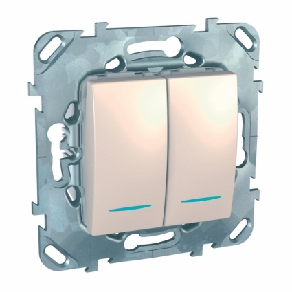 Выключатель двухклавишный с подсветкой Schneider Electric Unica MGU5.0101.25NZD, в современном стиле, цвет бежевый