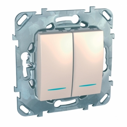 Переключатель двухклавишный с подсветкой Schneider Electric Unica MGU5.0303.25NZD, в современном стиле, цвет бежевый