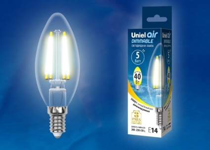 Uniel Лампа светодиодная диммируемая (UL-00002860) E14 5W 3000K свеча LED-C35-5W/WW/E14/CL/DIM GLA01TR цвет прозрачный