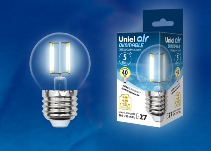 Uniel Лампа светодиодная диммируемая (UL-00002871) E27 5W 4000K шар LED-G45-5W/NW/E27/CL/DIM GLA01TR цвет прозрачный