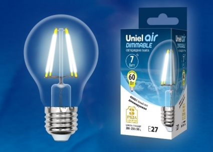 Uniel Лампа светодиодная диммируемая (UL-00002874) E27 7W 4000K груша LED-A60-7W/NW/E27/CL/DIM GLA01TR цвет прозрачный