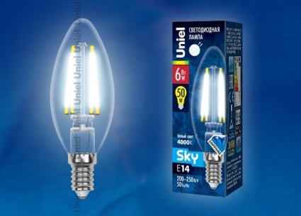 Uniel Лампа светодиодная (UL-00001373) E14 6W 4000K свеча прозрачная LED-C35-6W/NW/E14/CL PLS02WH цвет прозрачный