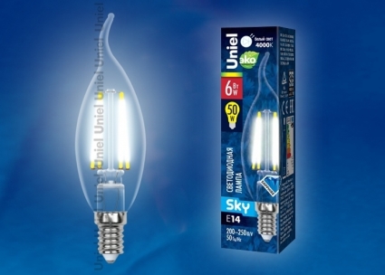 Uniel Лампа светодиодная (UL-00001374) E14 6W 4000K свеча на ветру LED-CW35-6W/NW/E14/CL PLS02WH цвет прозрачный