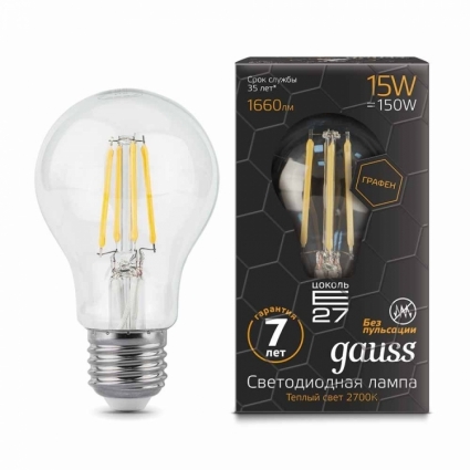 Gauss Лампа светодиодная филаментная E27 15W 2700К груша прозрачная 102802115 цвет прозрачный